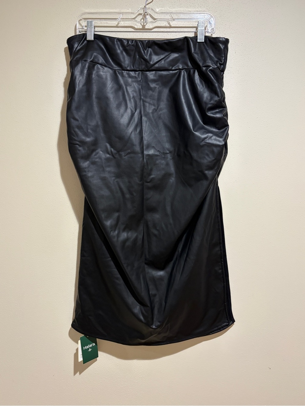 Halara Faux Leather High Waisted Tummy Control Ruched Midi Skirt Black - Picture 3 of 9
